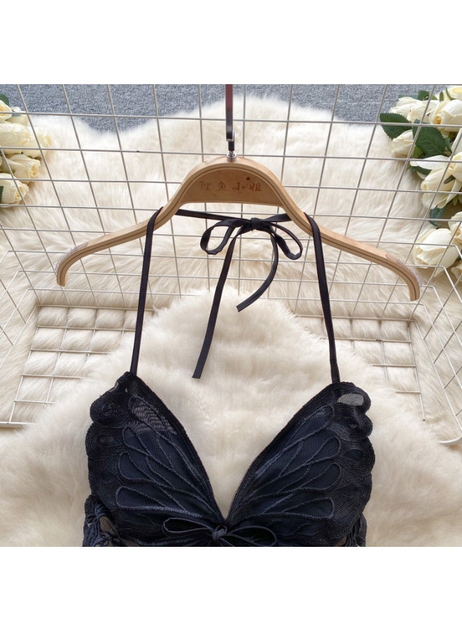 Caprisious Elegant Butterfly-Inspired Halter Neck Satin Dress with Lace Bodice - Image 5