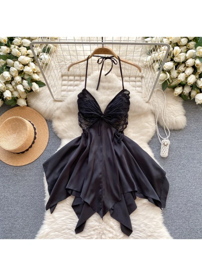 Caprisious Elegant Butterfly-Inspired Halter Neck Satin Dress with Lace Bodice