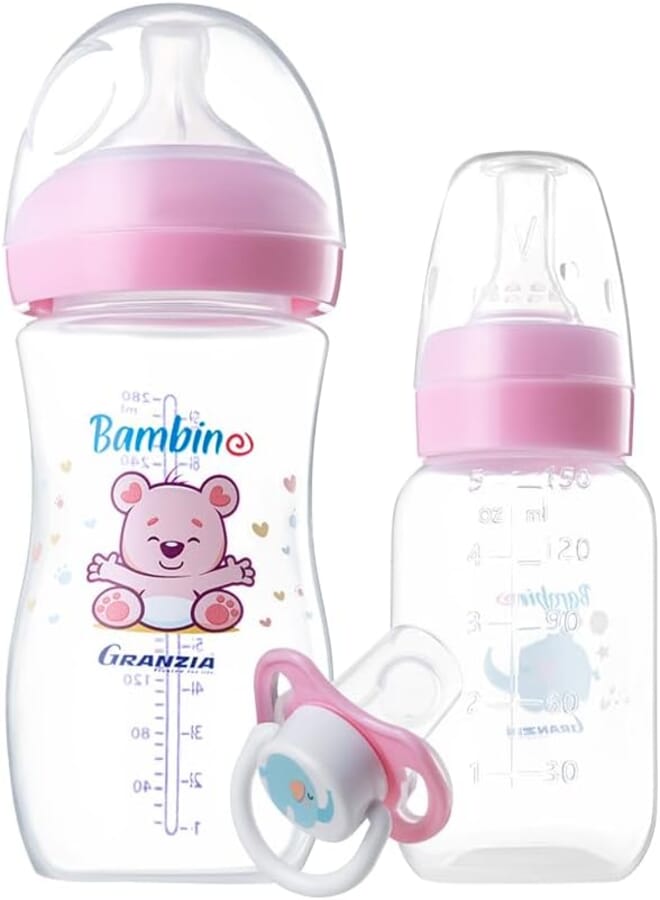 Granzia Bambino New Born Gift Package Rose (Natural Feeding Bootle 280 ML, Classic Feeding Bootle 150 ML & Pacifier) (3 Pieces)