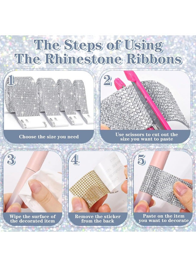 4 لفات من أشرطة أحجار الراين ذاتية اللصق، ملصقات لفافات أشرطة ألماس كريستالية لامعة لتزيين السيارات والحرف اليدوية والزفاف - Image 5