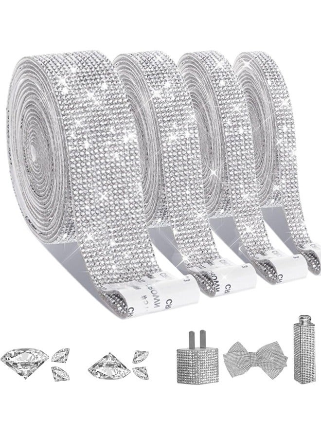 4 لفات من أشرطة أحجار الراين ذاتية اللصق، ملصقات لفافات أشرطة ألماس كريستالية لامعة لتزيين السيارات والحرف اليدوية والزفاف - Image 1