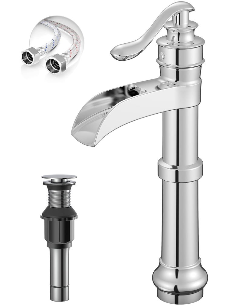 BATHLAVISH Vessel Sink Faucet Chrome Waterfall Bathroom Sink Faucet Tall Bathroom Polished Single Handle 1 Hole Lavatory Commercial Vanity Mixer Tap with Pop Up Drain Without Overflow Supply Line