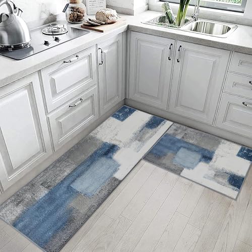 ArtSocket Kitchen Rugs and Mats Non Skid Washable Set of 2, Navy Blue Grey Abstract Runner Rug, Painting Gray Vintage Retro Kitchen Floor Mat Under Sink Mat Throw Rug - Image 2