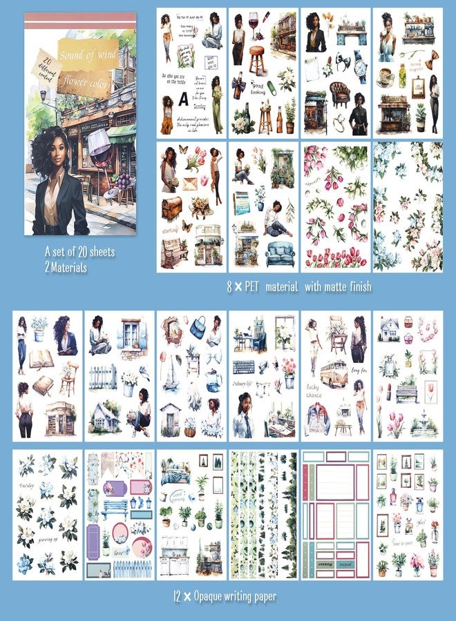 Dizdkizd Pre-Cut Journaling Sticker Book, 20 Sheets - 270 PCS Fashion Colored Women Planner Decals, PET & Paper Scrapbook Sticker Set Bullet Junk Journal Supplies - Image 2