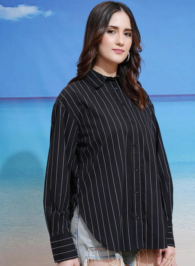 طوكيو توكيز Tokyo Talkies Striped Regular Fit Collared Shirt
