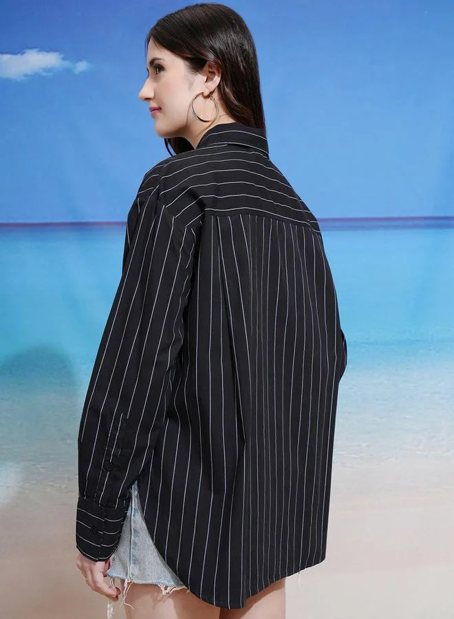 طوكيو توكيز Tokyo Talkies Striped Regular Fit Collared Shirt