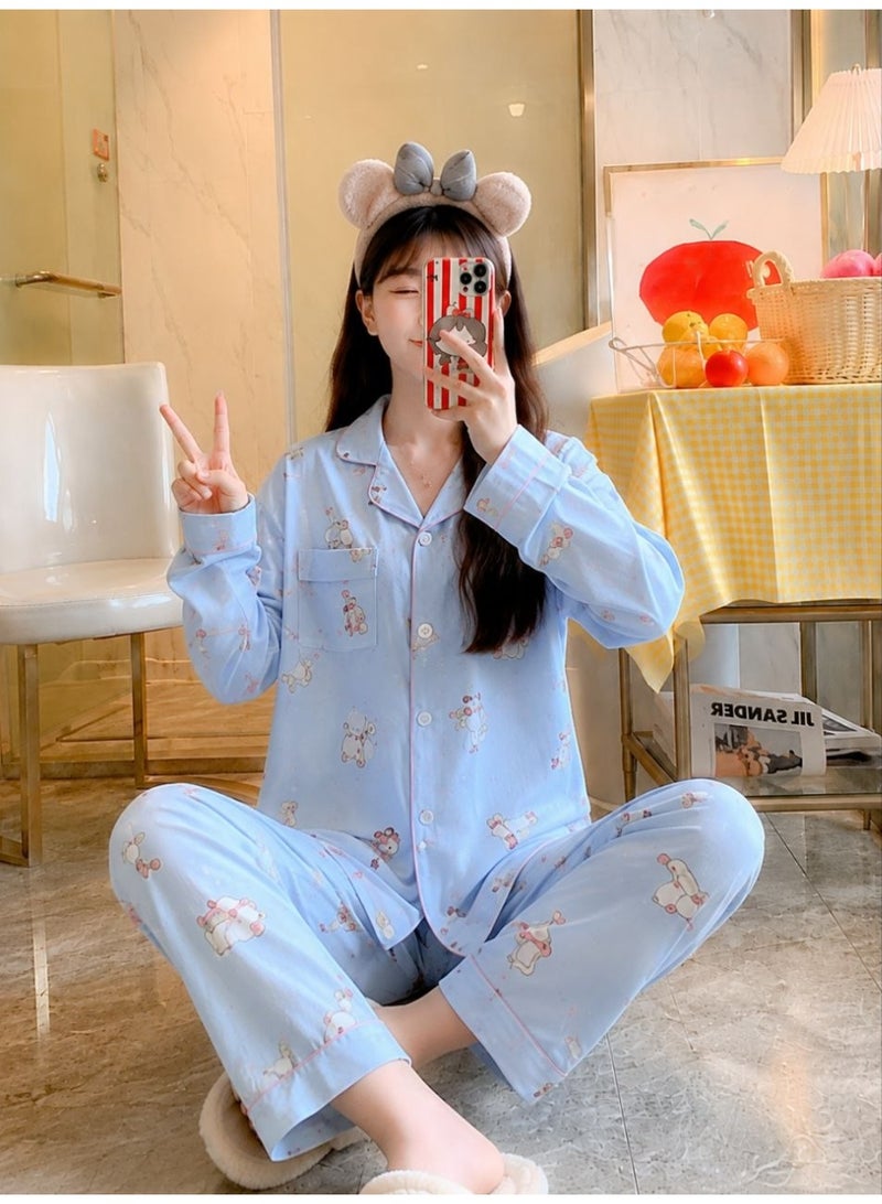 Women's 2-Piece Summer Sleepwear Pajama Set – Soft Lightweight Button-Up Long Sleeve Nightwear with Printed Pants