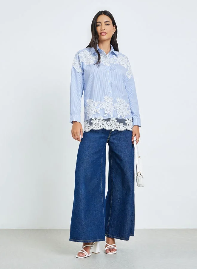 Styli Blue Embroidered Lace Striped Shirts