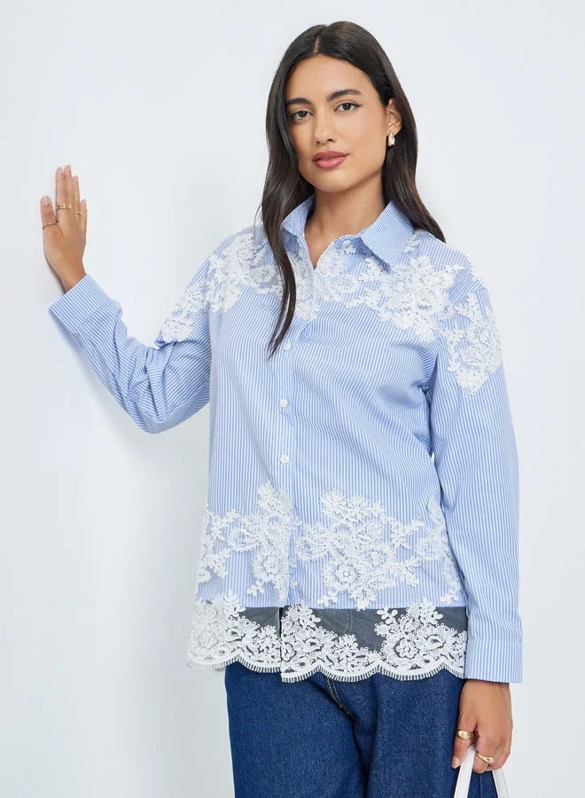 Styli Blue Embroidered Lace Striped Shirts