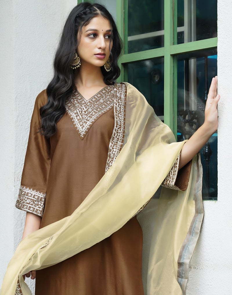SIRIL Women's Rayon Embroidered Straight Kurta Pant with Dupatta Set (104KBD1138-XXL_Mustard Brown) - Image 4