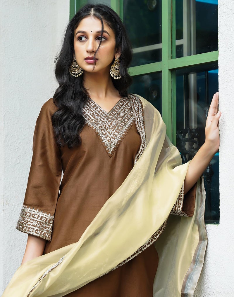SIRIL Women's Rayon Embroidered Straight Kurta Pant with Dupatta Set (104KBD1138-XXL_Mustard Brown) - Image 5