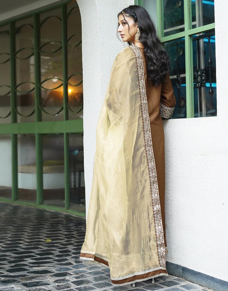SIRIL Women's Rayon Embroidered Straight Kurta Pant with Dupatta Set (104KBD1138-XXL_Mustard Brown) - Image 2