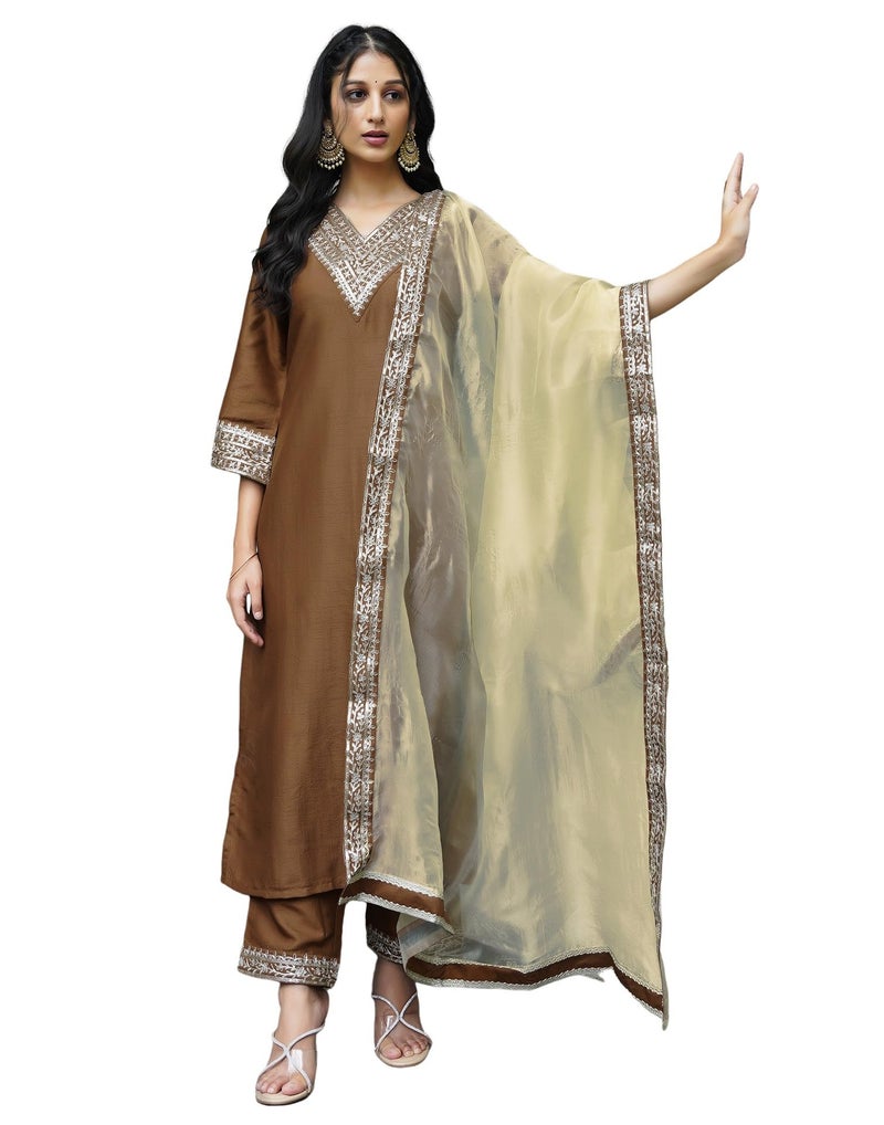 SIRIL Women's Rayon Embroidered Straight Kurta Pant with Dupatta Set (104KBD1138-XXL_Mustard Brown) - Image 1