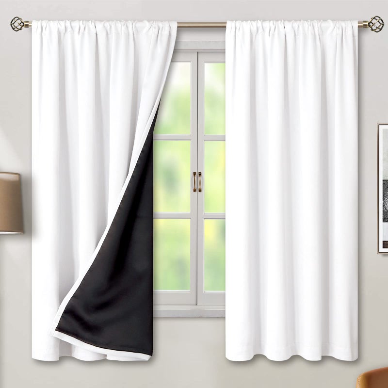 BGment Thermal Insulated 100 Blackout Curtains for Bedroom with Black Liner Double Layer Full Room Darkening Noise Reducing Rod Pocket Curtain 42 x 63 Inch Pure White 2 Panels