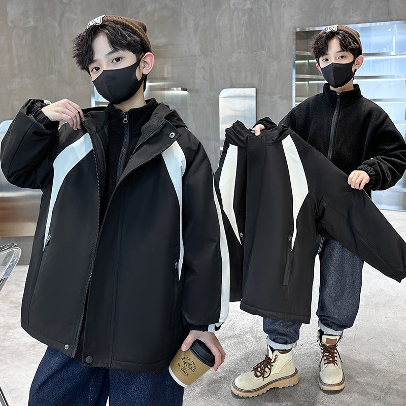 Boys Coat Korean Winter New Handsome Large Children Padded Three-In-One Detachable Charge Clothing - Image 3