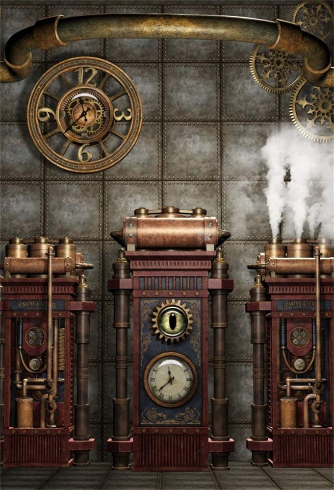 DASHAN 5x7ft Polyester Antique Vintage Steampunk Backdrop Industrial Gear Metal Clock Old Metal Gearwheel Photography Background Steam Machine Nostalgia Party Kids Adult Men Portrait Photo Props