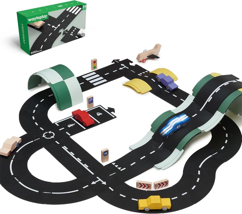 Waytoplay Highway, 24 Piece Circuit for Toy Cars - Flexible, Indestructible, and Waterproof - Modular Car Tracks - Made in The Netherlands - Image 1