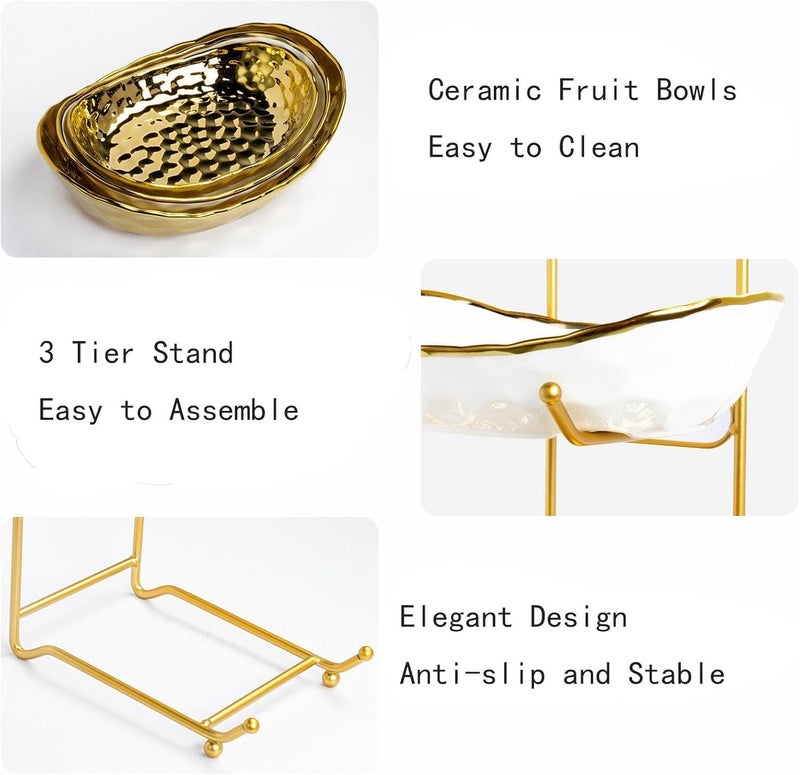 3-Tier Ceramic Fruit Bowl with Gold Metal Stand for Kitchen Counter - Image 3
