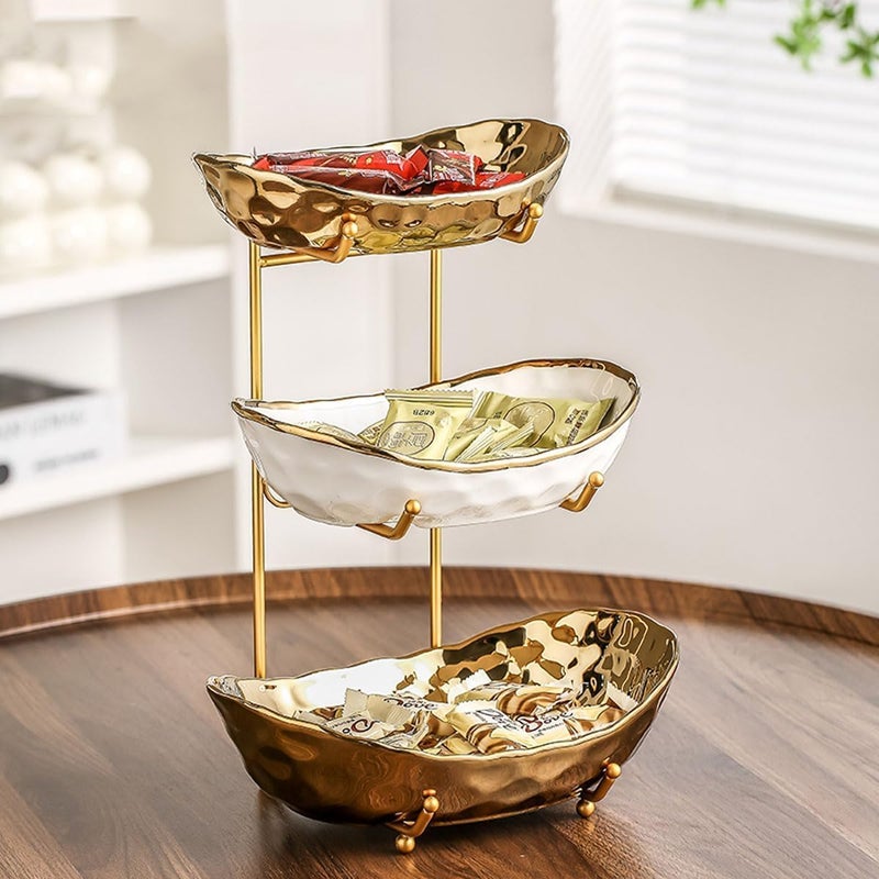 3-Tier Ceramic Fruit Bowl with Gold Metal Stand for Kitchen Counter - Image 1