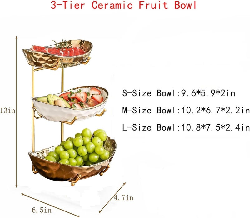 3-Tier Ceramic Fruit Bowl with Gold Metal Stand for Kitchen Counter - Image 2