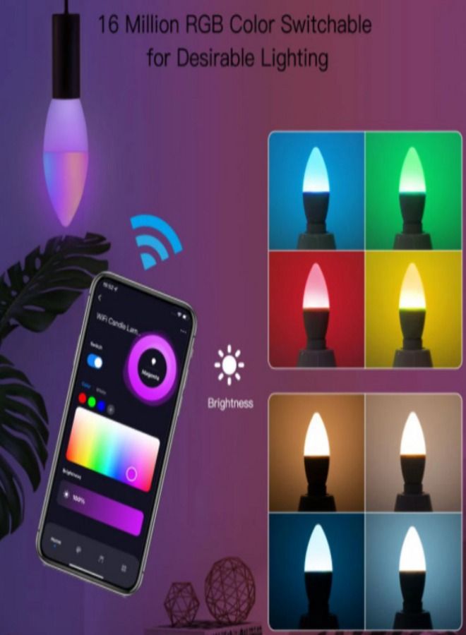 لامبة واي فاي الذكية E14 متعددة الألوان ، C37,5W ، 2700K-6500K RGB + دافئ / بارد لون أبيض قابل للتخفيف متوافق مع Google Home - Image 4