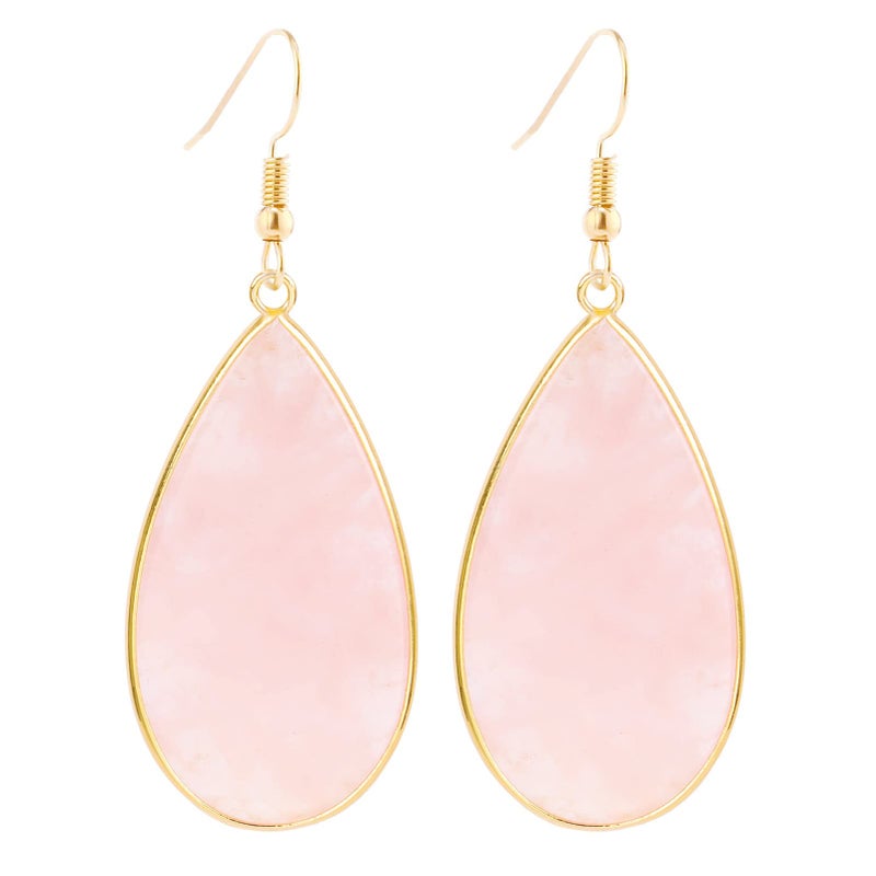 BaubleStar Natural Crystal Healing Birth Stone Statement Drop Earrings for Women Teardrop Rose Quartz Dangle Fashion Jewelry 14K Gold Plated - Image 1