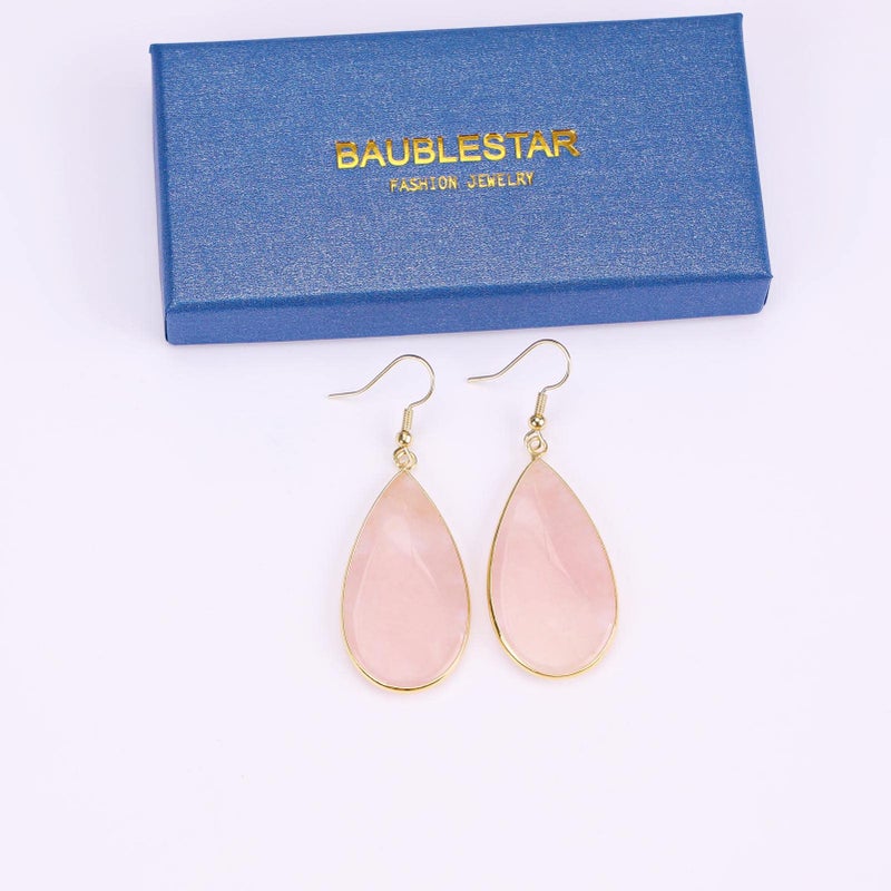BaubleStar Natural Crystal Healing Birth Stone Statement Drop Earrings for Women Teardrop Rose Quartz Dangle Fashion Jewelry 14K Gold Plated - Image 5