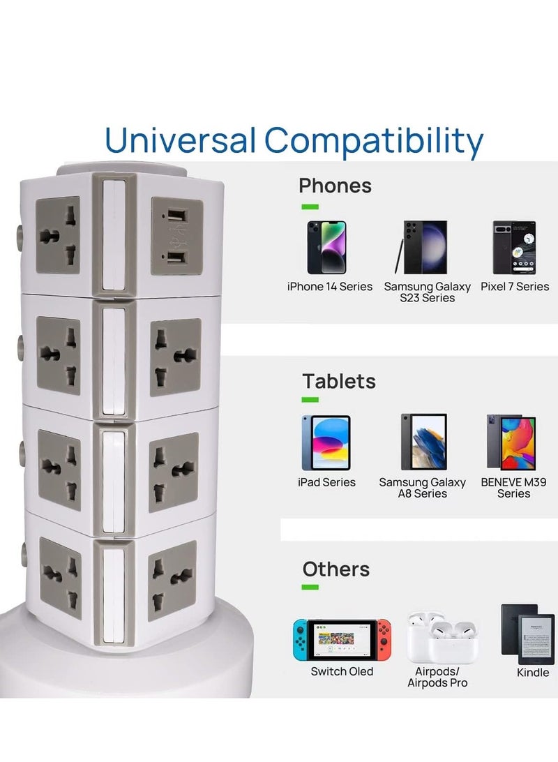 ELTRAZONE Universal Vertical Tower Power Strip Multi-Socket (110V-250V) with 2 USB Ports, Surge Protector Charging Station, 4-Layer Design for Worldwide Use  - Image 2