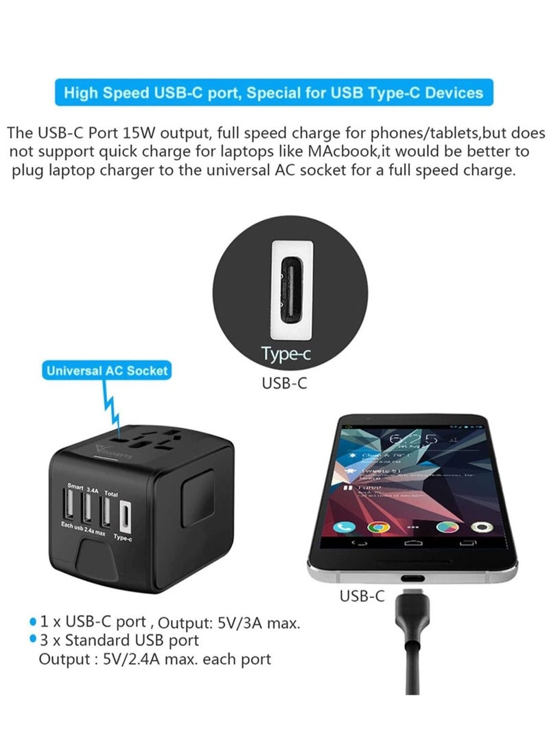 VELOBYTE Universal International Travel Power Adapter W/High Speed 2.4A USB, 3.0A Type-C Wall Charger, European Adapter, Worldwide AC Outlet Plugs Adapters for Europe, UK, US, AU, Asia-Black - Image 3