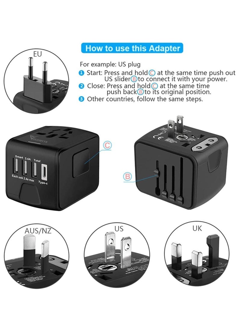 VELOBYTE Universal International Travel Power Adapter W/High Speed 2.4A USB, 3.0A Type-C Wall Charger, European Adapter, Worldwide AC Outlet Plugs Adapters for Europe, UK, US, AU, Asia-Black - Image 4