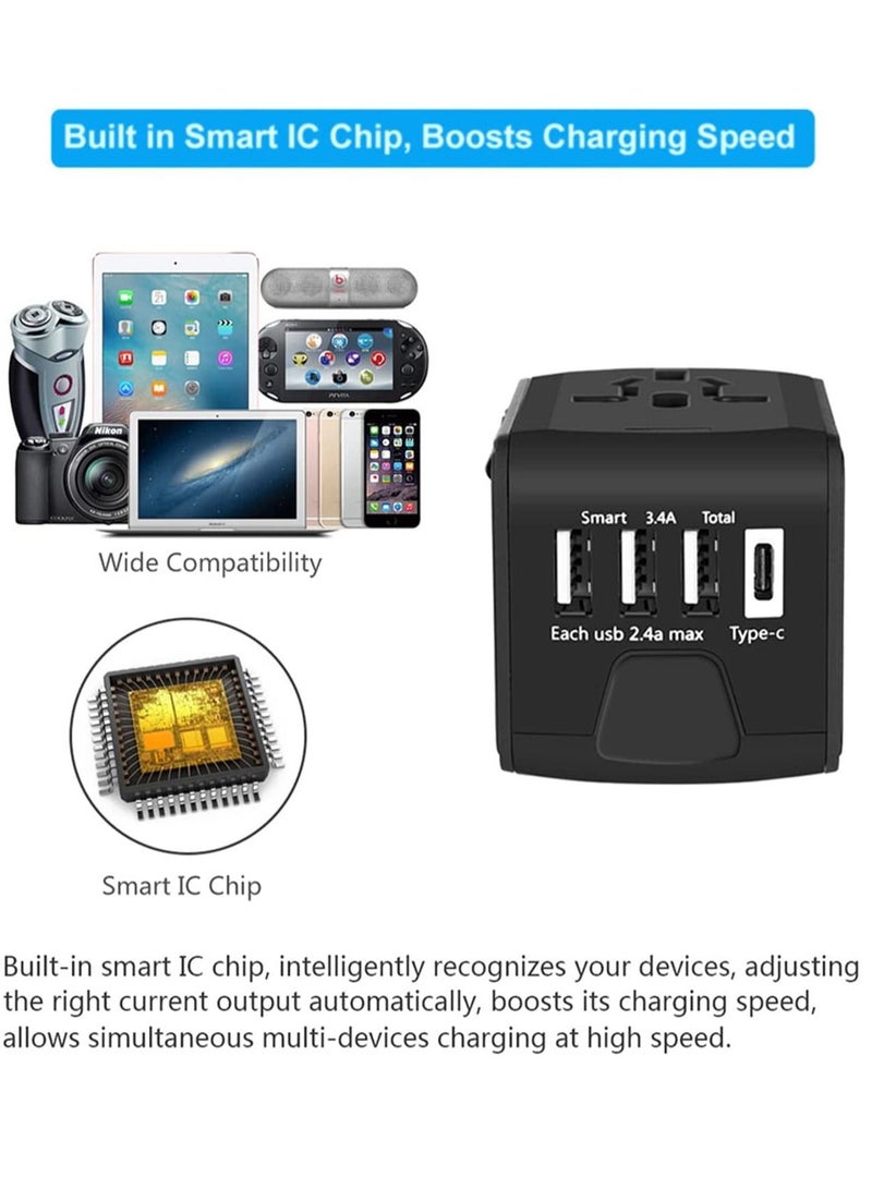 VELOBYTE Universal International Travel Power Adapter W/High Speed 2.4A USB, 3.0A Type-C Wall Charger, European Adapter, Worldwide AC Outlet Plugs Adapters for Europe, UK, US, AU, Asia-Black - Image 5