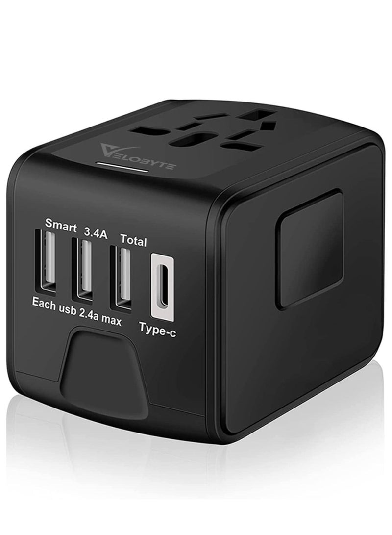 VELOBYTE Universal International Travel Power Adapter W/High Speed 2.4A USB, 3.0A Type-C Wall Charger, European Adapter, Worldwide AC Outlet Plugs Adapters for Europe, UK, US, AU, Asia-Black - Image 1