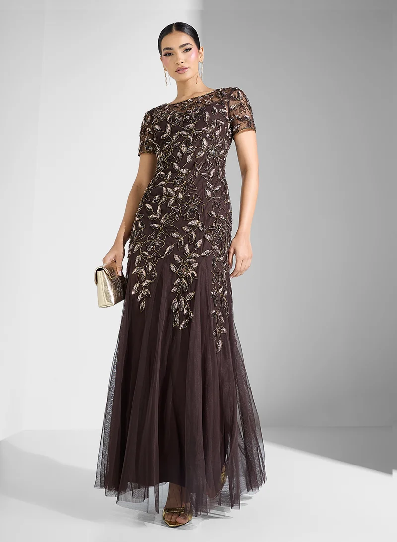 Adrianna Papell Floral Beaded Gown Dress
