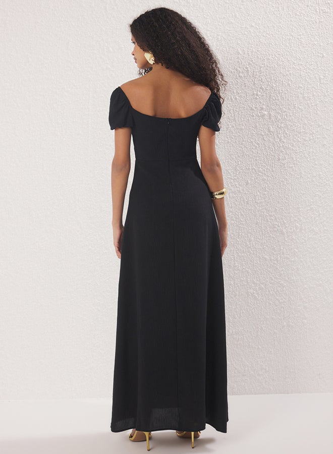 trendyol Black A-Line Chest Tie Detail Woven Long Elegant Evening Dress & Graduation Dress - Image 4