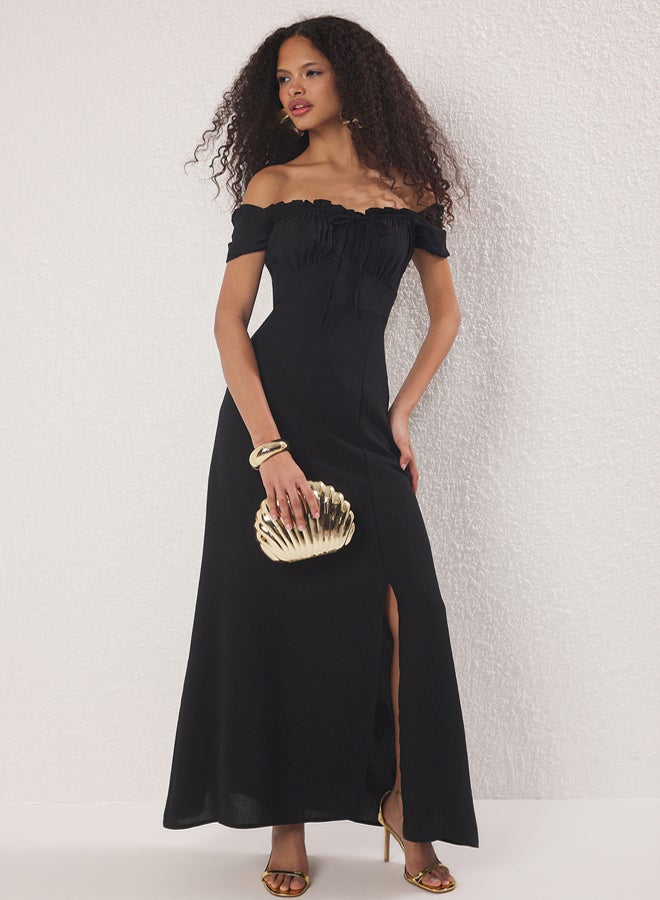 trendyol Black A-Line Chest Tie Detail Woven Long Elegant Evening Dress & Graduation Dress - Image 1