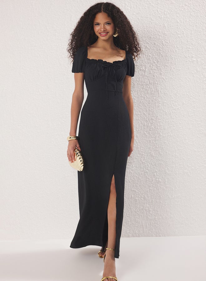 trendyol Black A-Line Chest Tie Detail Woven Long Elegant Evening Dress & Graduation Dress - Image 2