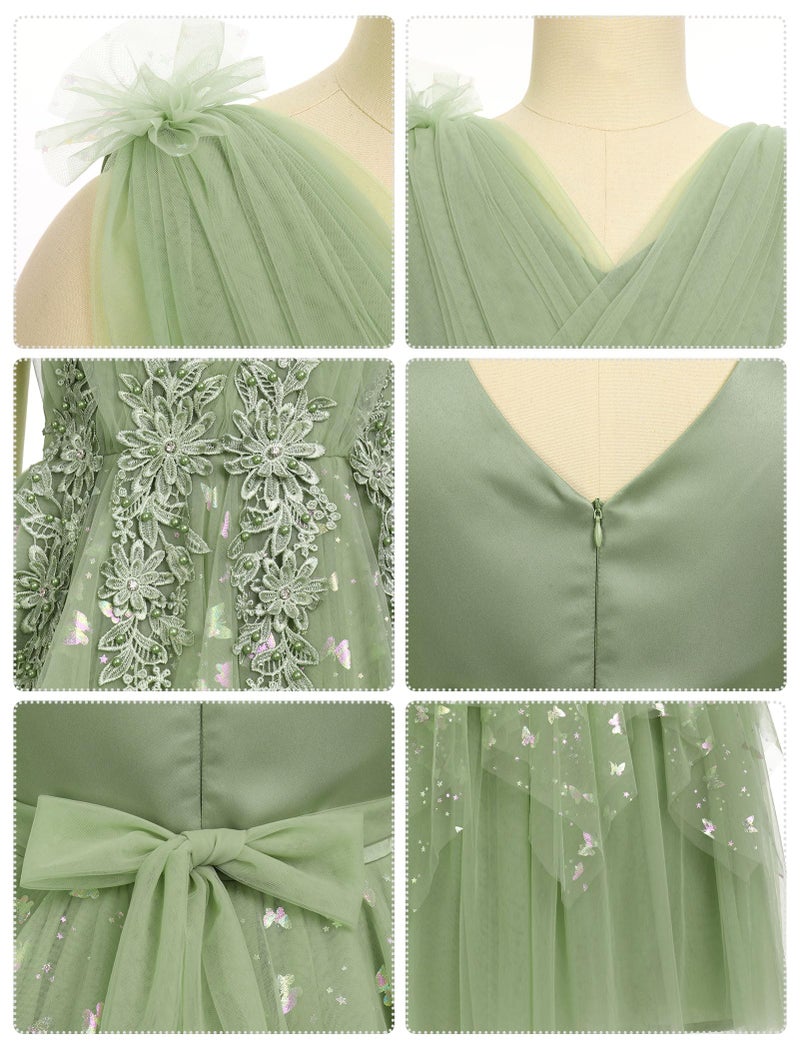 IBAKOM Flower Girl Formal Wedding Dress Sparkly Butterfly Ruffle V Neck Junior Bridesmaid Pageant Birthday Tea Party Outfits Tween Princess First Communion School Prom Evening Ball Gown Green 12-13 Years - Image 3