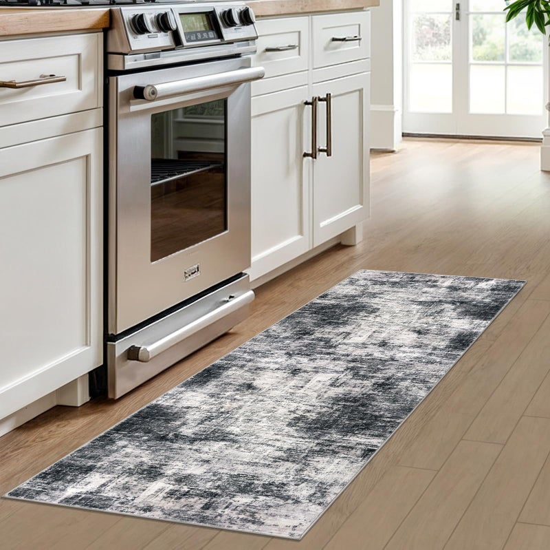 IOHOUZE Abstract Runner Rug 2x6 Ft Washable Runners for Hallways, Non Slip Kitchen Runner Printed Faux Wool Entryway Runner Indoor, Modern Abstract Floor Carpet for Hall Kitchen Bedroom, Black Gey - Image 2