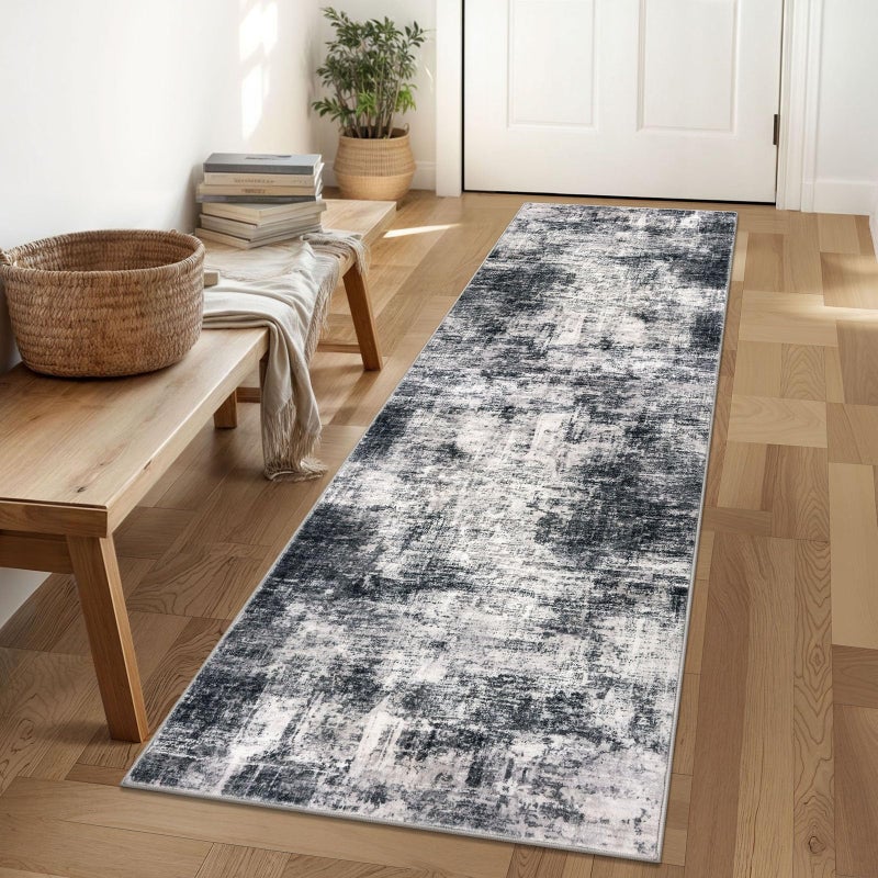 IOHOUZE Abstract Runner Rug 2x6 Ft Washable Runners for Hallways, Non Slip Kitchen Runner Printed Faux Wool Entryway Runner Indoor, Modern Abstract Floor Carpet for Hall Kitchen Bedroom, Black Gey - Image 1