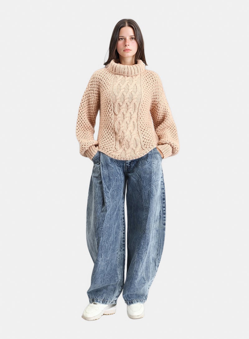 RAVIN Women Chunky Knit Pullover With High Neck Nude - Image 4