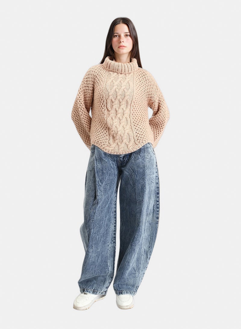 RAVIN Women Chunky Knit Pullover With High Neck Nude - Image 5