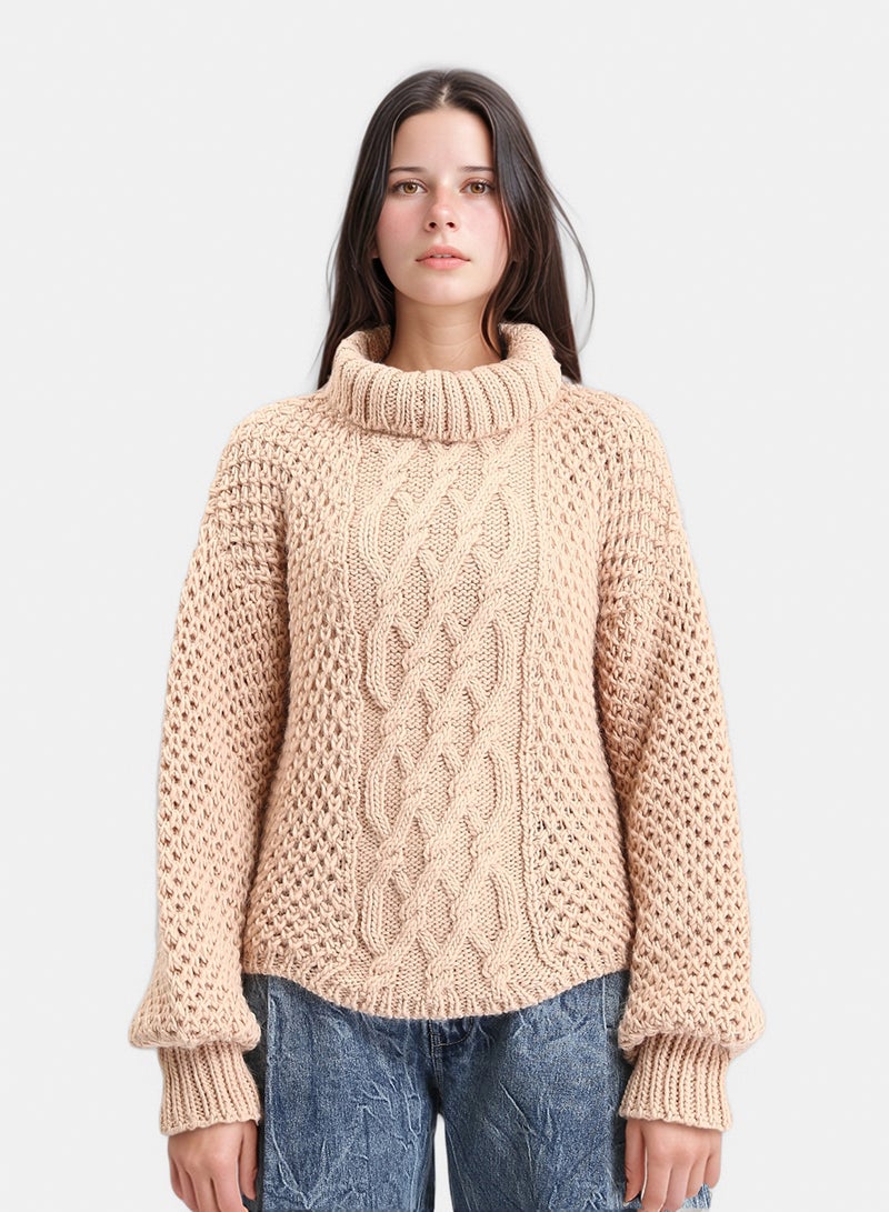 RAVIN Women Chunky Knit Pullover With High Neck Nude - Image 1