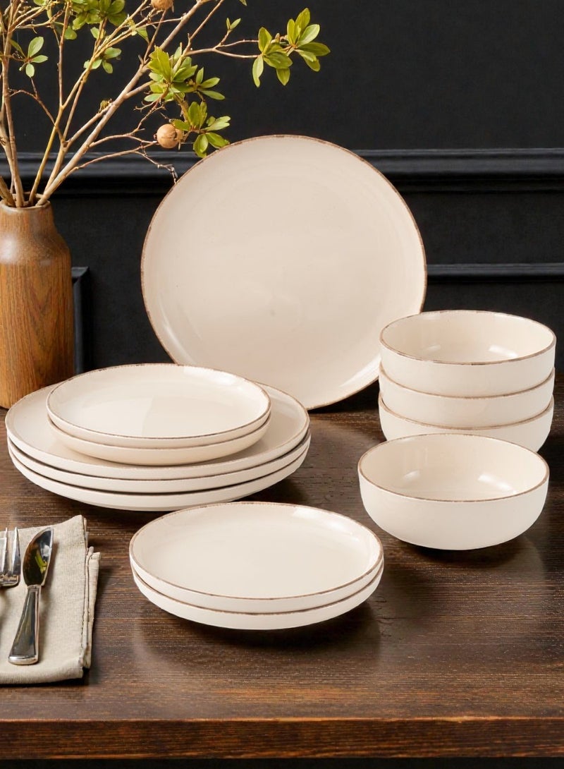 Noon East 12 Piece Porcelain Dinnerware Set, 4x27cm Dinner Plates, 4x19.5cm Side Plates, 4x15.2cm Soup Plates, 4x Bowls | Dishwasher and Microwave Safe | Beige with Brown Rim - Image 1