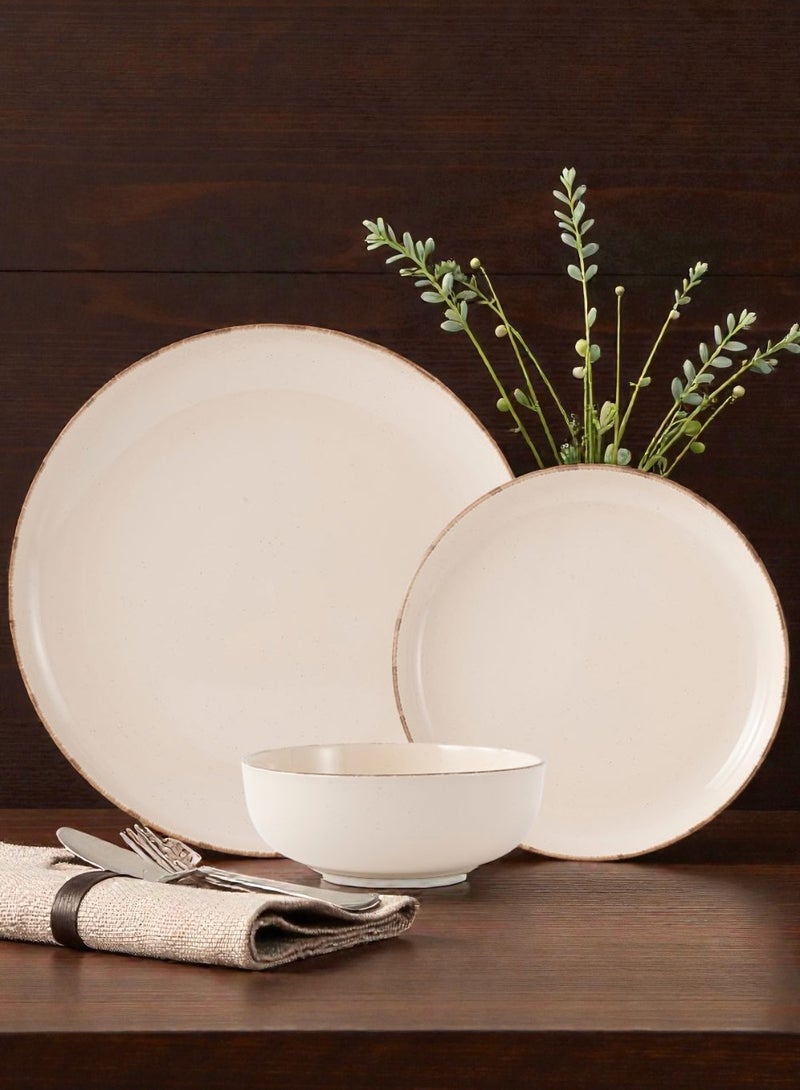 Noon East 12 Piece Porcelain Dinnerware Set, 4x27cm Dinner Plates, 4x19.5cm Side Plates, 4x15.2cm Soup Plates, 4x Bowls | Dishwasher and Microwave Safe | Beige with Brown Rim - Image 2