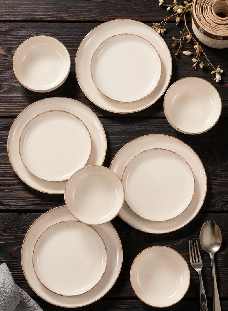 Noon East 12 Piece Porcelain Dinnerware Set, 4x27cm Dinner Plates, 4x19.5cm Side Plates, 4x15.2cm Soup Plates, 4x Bowls | Dishwasher and Microwave Safe | Beige with Brown Rim - Image 3