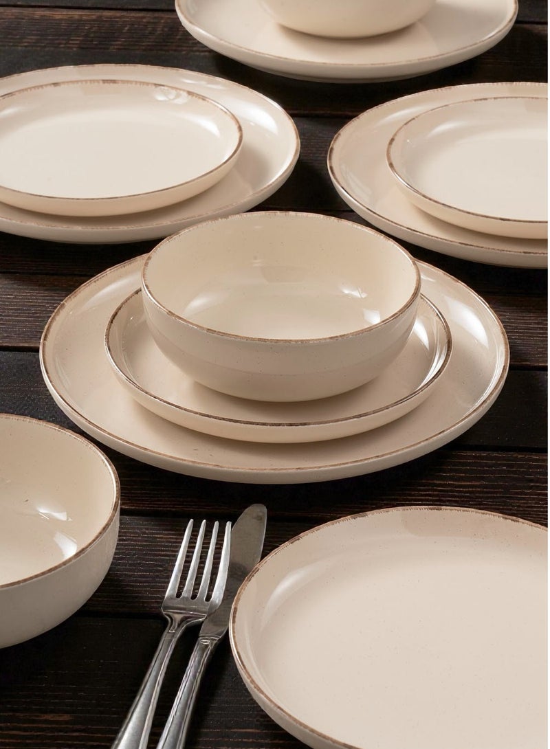 Noon East 12 Piece Porcelain Dinnerware Set, 4x27cm Dinner Plates, 4x19.5cm Side Plates, 4x15.2cm Soup Plates, 4x Bowls | Dishwasher and Microwave Safe | Beige with Brown Rim - Image 4