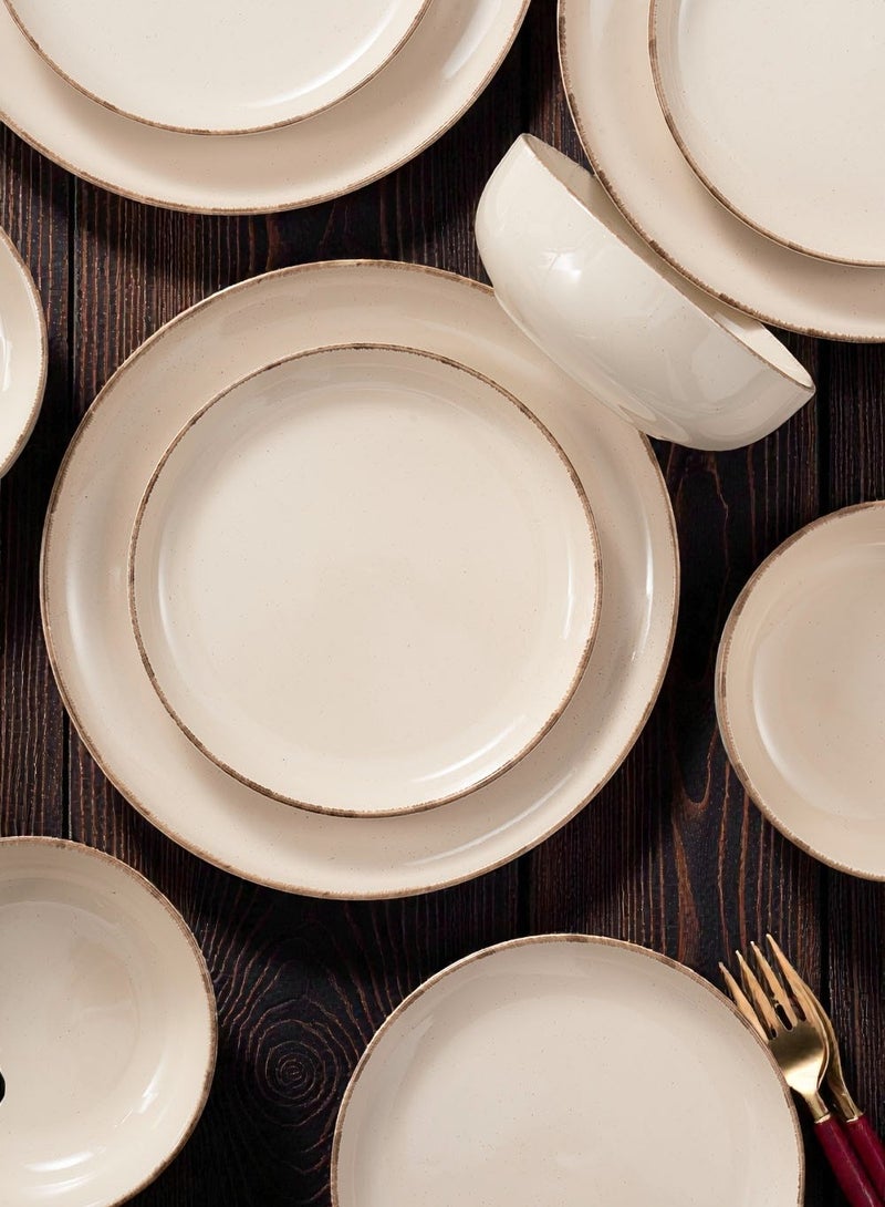 Noon East 12 Piece Porcelain Dinnerware Set, 4x27cm Dinner Plates, 4x19.5cm Side Plates, 4x15.2cm Soup Plates, 4x Bowls | Dishwasher and Microwave Safe | Beige with Brown Rim - Image 5