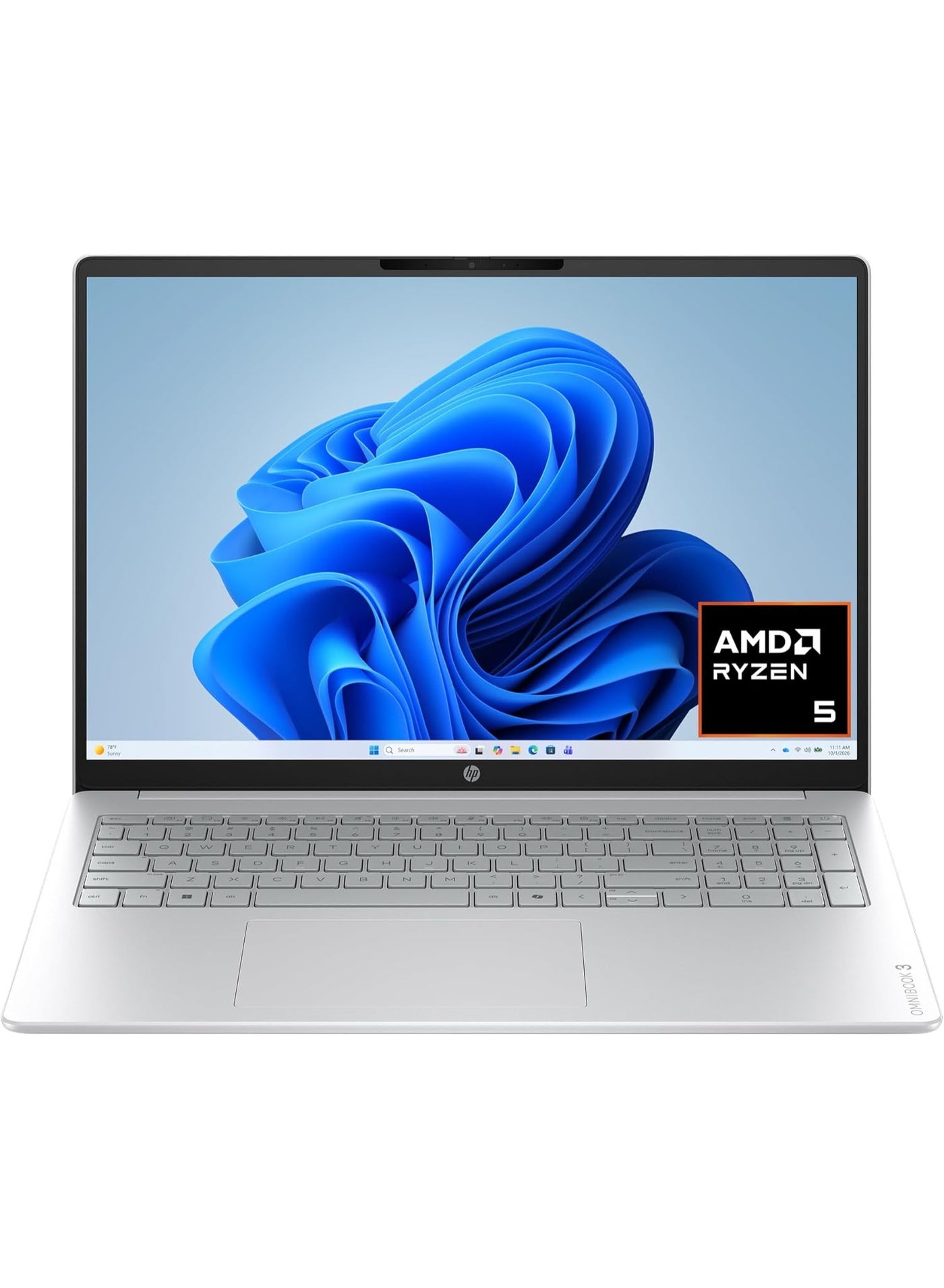 OmniBook 3 16 inch Laptop PC, 2K Touchscreen, AMD Ryzen 5 40, 16 GB RAM, 512 GB SSD, AMD Radeon 610M GPU, Windows 11 Home English Glacier Silver