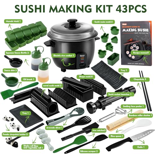 Brezlio Sushi Maker Kit – 43-Piece Complete Set with Bazooka Roller, Onigiri Shaper, Nigiri Mold, Bamboo Rolling Mat & Tools | DIY for Beginners (Green) - Image 2