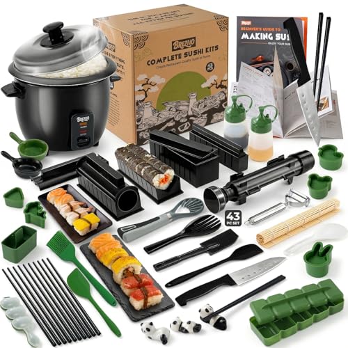 Brezlio Sushi Maker Kit – 43-Piece Complete Set with Bazooka Roller, Onigiri Shaper, Nigiri Mold, Bamboo Rolling Mat & Tools | DIY for Beginners (Green) - Image 1